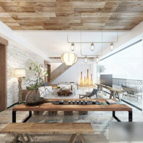 Wooden Ceiling Nordic Interior Scene Of Living Room 3d model