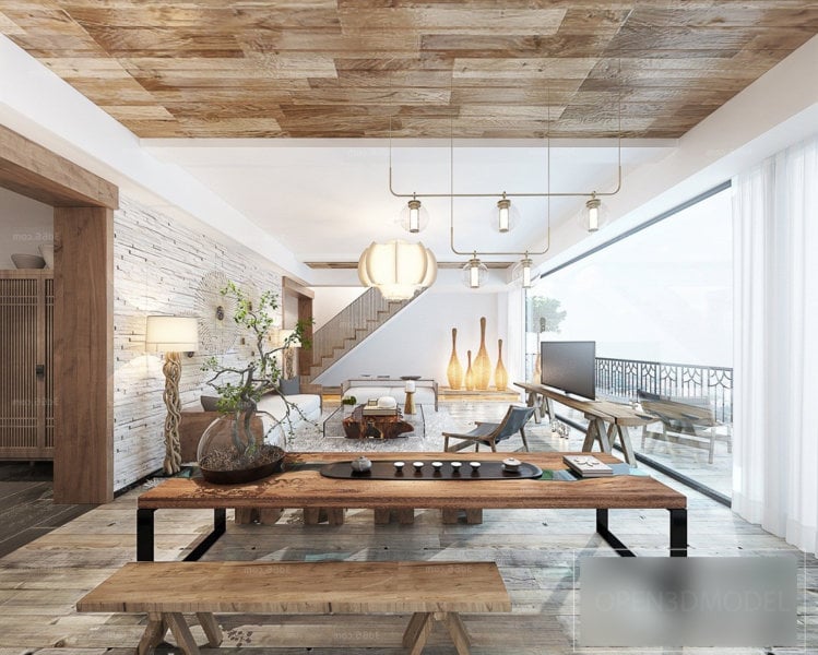 Soffitto in legno nordico scena interna del soggiorno