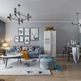 Escena interior modernista con sala de estar nórdica modelo 3d