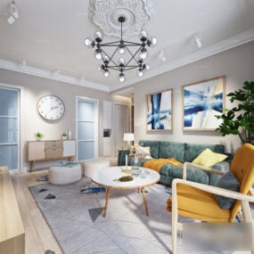 Cena interior de sala de estar branca estilo nórdico modelo 3D