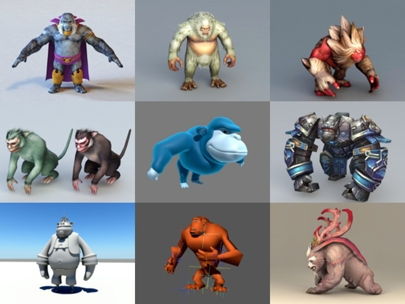 10 Cartoon Gorilla Character 3D Models Collection
