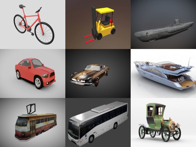 10 Voertuigvrij Blender 3D-modellen: auto, fiets, boot, schip ... Realistisch en cartoonontwerp
