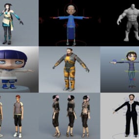 12 Karakter Maya 3D -modellsamling: Cartoon Girl, Man, with Rig