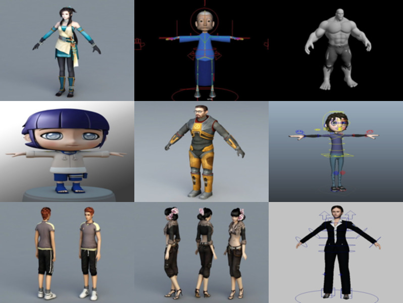 12 Character Maya 3D Models Collection: Cartoon Girl, Man, with Rig