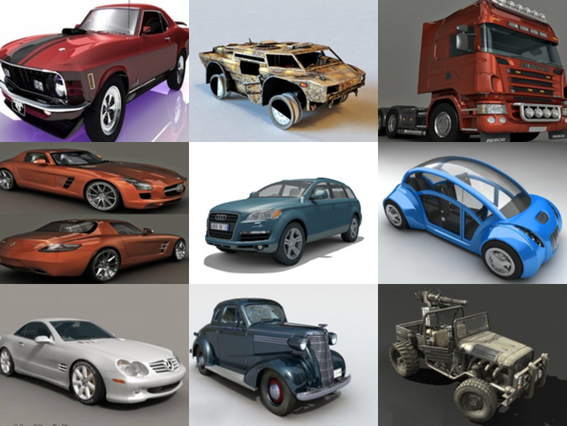 12 Maya Bilfri 3D-modellsamling – Sedan, par, lastbil, jeep