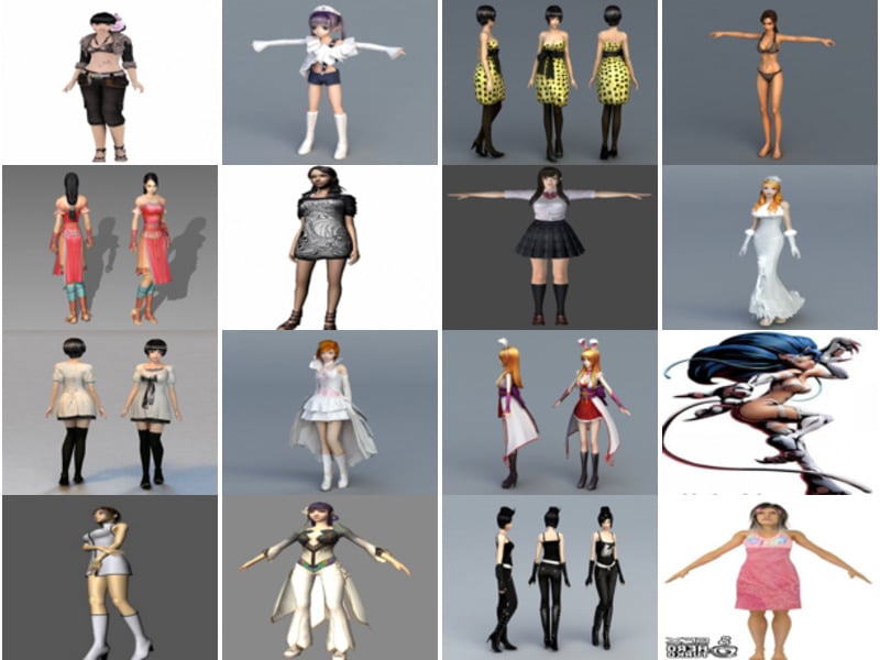 30 souborů 3ds Max 3D modely bez postav: krásná dívka, realistické ženy, anime, kreslený styl