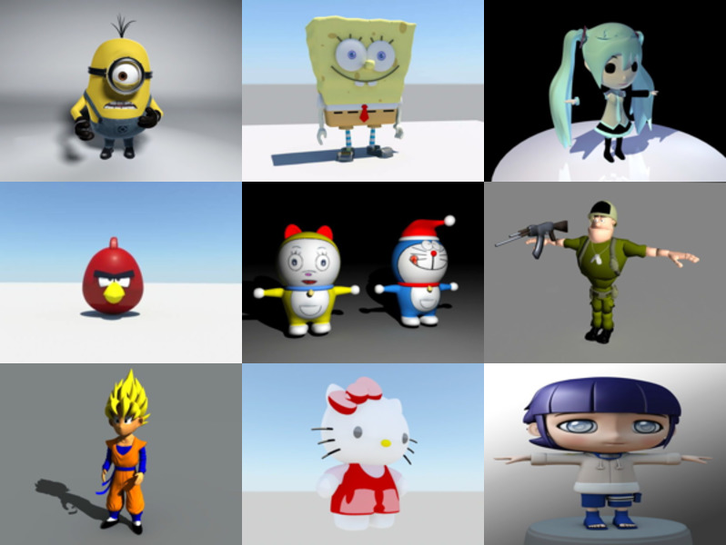 12 stripfiguren gratis Maya 3D-modellen: Minion, Angry Bird, Soldier, Kitty Cat...