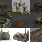 10 europeiska antika arkitekturfria 3D-modeller - Medeltida stil: Hus, Castle, kyrka, by, stadsscen
