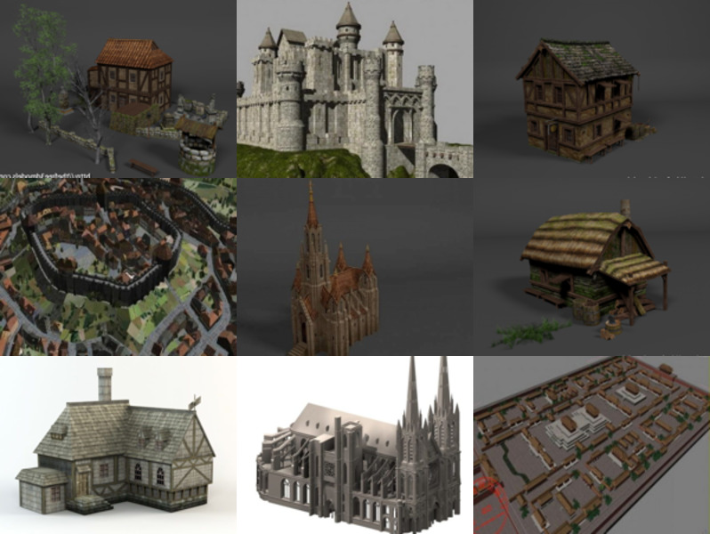 10 darmowych modeli 3D europejskiej architektury starożytnej - styl średniowieczny: dom, okstle, kościół, wieś, scena miejska