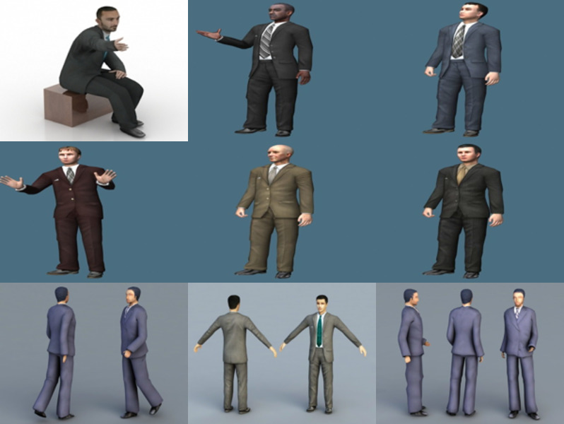 Скачать 10 реалистичных персонажей-бизнесменов бесплатно 3D-моделей: Rigged Персонаж, Молодой Человек, Старик, Поза Сидя и Ходьбы