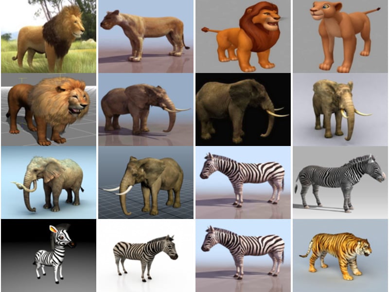 Realistiska 20 filer Djurfria 3D-modeller: Africa Lion, Lion King Characters, Asia Elephant, Mammoth, Wild Zebra, Tiger Rigged, Bengalisk tiger