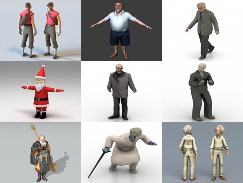 10 modelů 3D postav s volnými postavami starého muže: Santa, bunda, stojící starý muž, čínský válečník ...