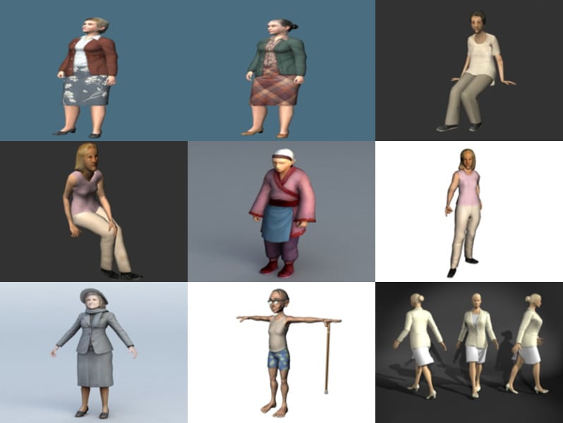 10 karaktärer Gamla kvinnas gratis 3D-modeller: Medeltida, gammal dam, europeisk kvinna