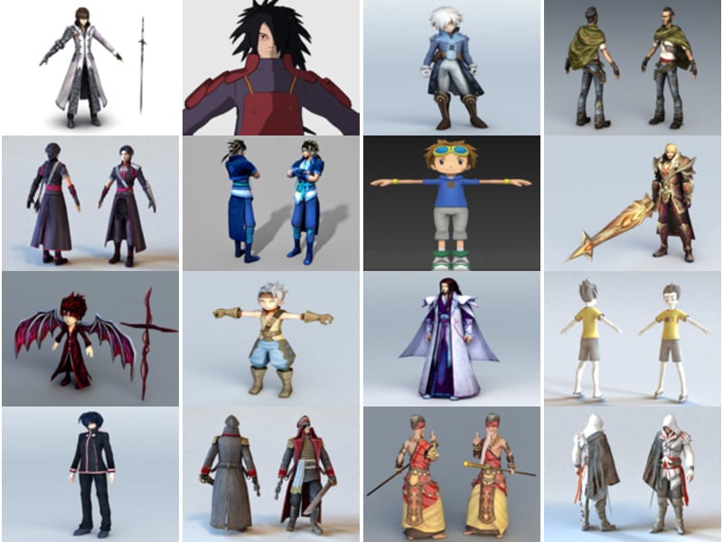 20 modelos de personajes masculinos de anime en 3D: espadachín, chico cool, vampiro, Takato Matsuki, chico chibi, pirata de anime, monje Shaolin,…