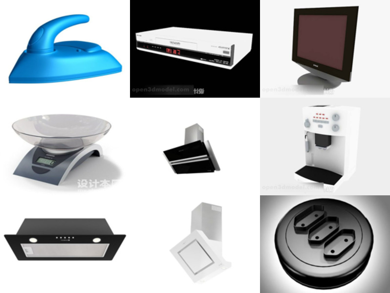 10 Electronic Household Free 3D Models: Iron, Dvd, PC Monitor, Kitchen Hood, Socket, Tv
