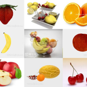 10 ilmaista 3D-mallia Realistic Fruits Collection: mansikka, sitruuna, appelsiini, banaani, persikka, omena, hamigua, kirsikkahedelmä, sydneyn hedelmä