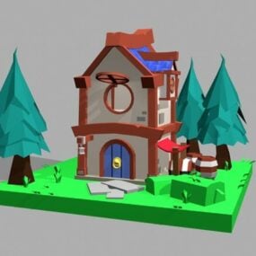 Çizgi Film Çokgen Ağaçlar ve Ev 3D modeli