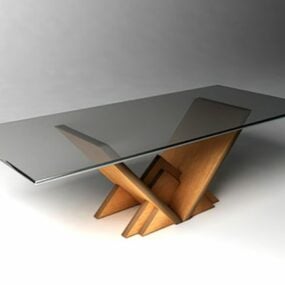 Rectangular Glass Coffee Table Wood Leg 3d model