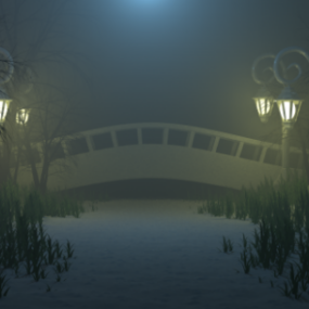 3D-Modell der nebligen Nacht-Außenszene am See