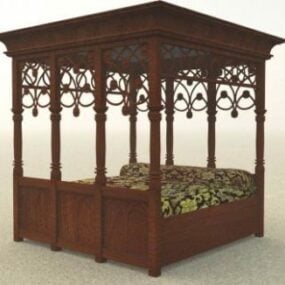 Beige bed Antiek houten bed 3D-model