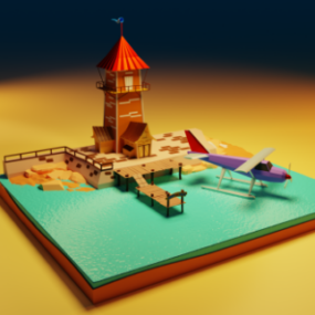 Low-Poly-Leuchtturm am Strand 3D-Modell