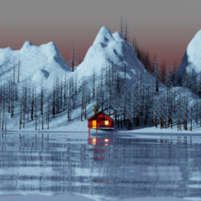 مدل سه بعدی صحنه دریاچه یخ زده زمستانی