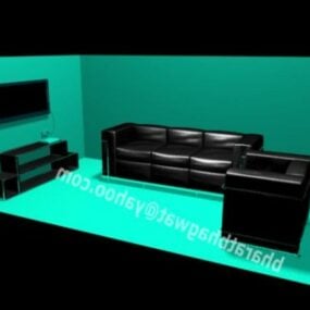 Zwart bankleer in woonkamer 3D-model