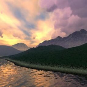 Puesta de sol en el paisaje del lago de montaña modelo 3d