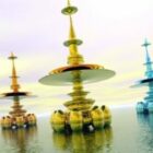 Torre alienígena dorada en el mar