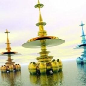 Torre Alienígena Dourada no Mar Modelo 3D