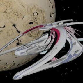 Veicolo spaziale futuristico con il modello 3d del pianeta Andromeda