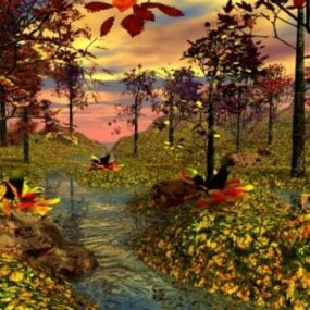 Mô hình 3d phong cảnh rừng suối mùa thu