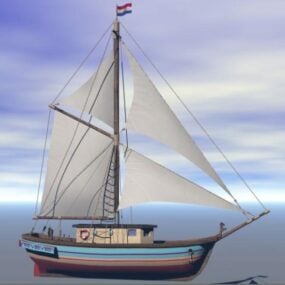 Pequeño barco pesquero con vela blanca modelo 3d