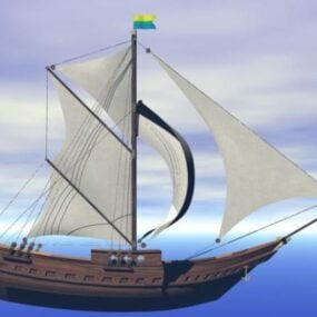 Bayraklı Ahşap Yelkenli Tekne 3D model