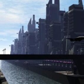 एयरशिप ट्रांसपोर्ट 3डी मॉडल के साथ भविष्य का शहर