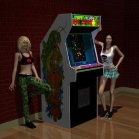 3D модель игрового автомата Centipede и персонажа девушки