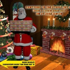 Santa Claus With Gift At Fireplace Room 3d model