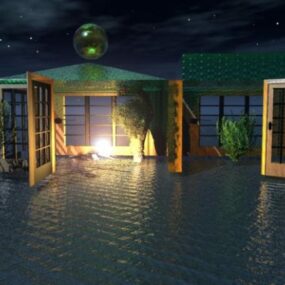 Casa inundada con puerta y agua modelo 3d
