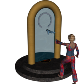 Portal de vidrio con personaje modelo 3d.