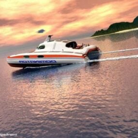 3д модель скоростного катера, идущего по реке
