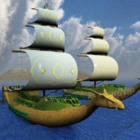 Wooden Pirate Ship With Skull Flag 3d model