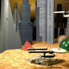 Ciudad del futuro con nave espacial modelo 3d