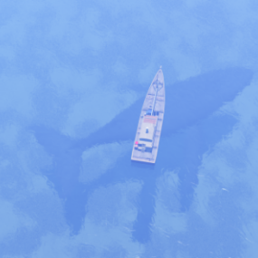 Barca da pesca su un modello 3d di animali balena