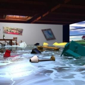 Habitación inundada con muebles modelo 3d