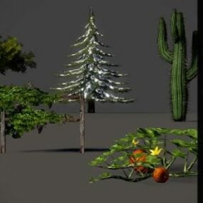 نموذج ثلاثي الأبعاد لشجرة الصنوبر الثلجية والصبار والشجيرات