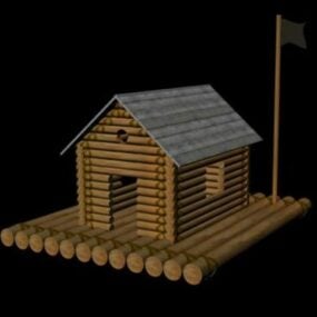 Maison en rondins sur la rivière modèle 3D