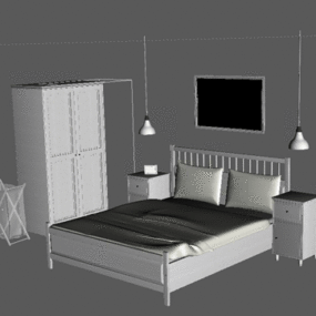 Ash Wooden Bed With Photo Frame Backwall 3d model