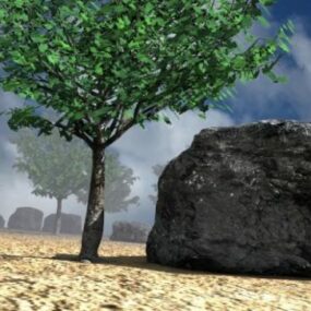 Big Rock On Field With A Tree 3d model
