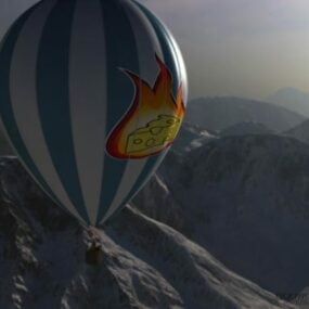 Μπαλόνι ζεστού αέρα που πετά στο βουνό τρισδιάστατο μοντέλο