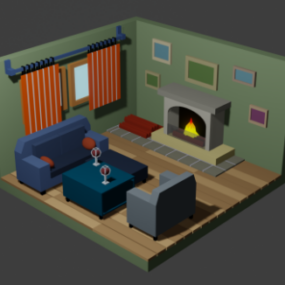 3д модель гостиной с мебелью в игровом стиле